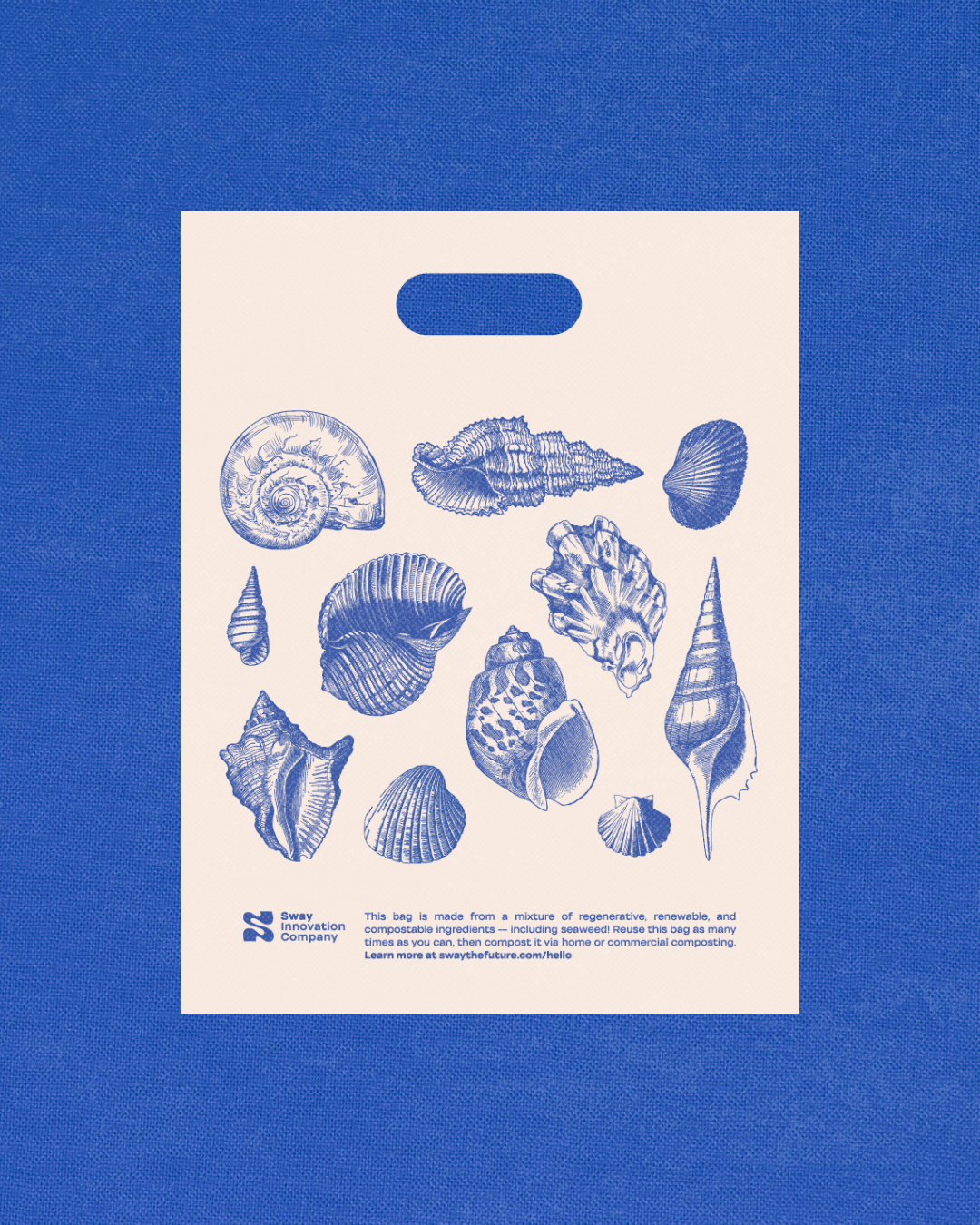 Compostable Die Cut Handle Bag_Sway Seaweed_Seashells_Blue Bkgd